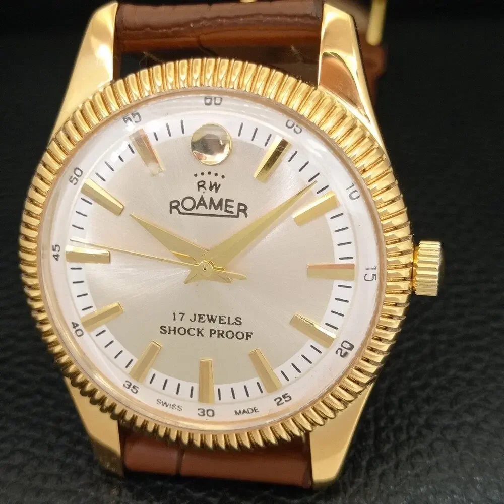 Vintage 1973 Roamer Manual Mens Gold Watch W/Leather Strap & Silver accents
